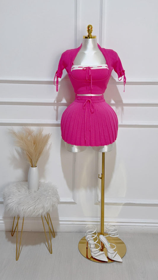 Set Blusa /Top/Falda Plisada Rosa Fucsia 3Pz