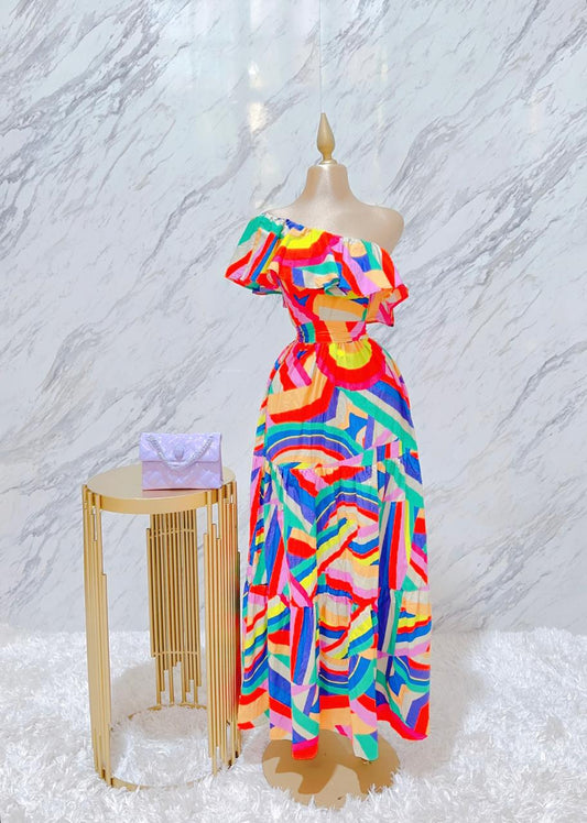 Vestido Naranja Multi Largo Hombro