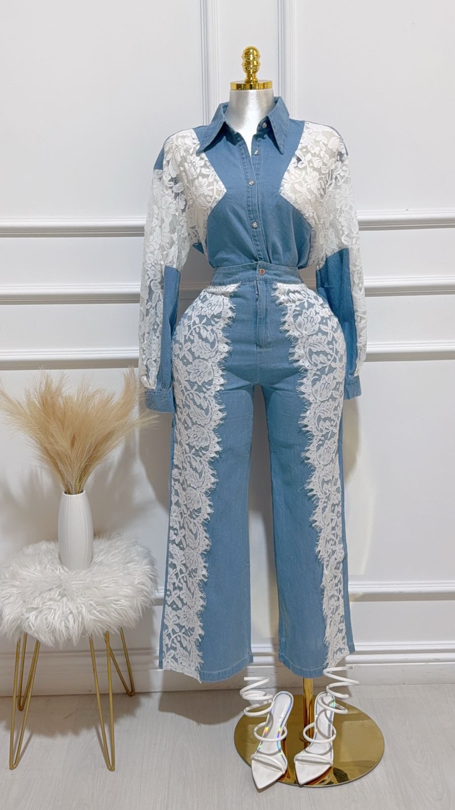 Conjunto Mezclilla Encaje Blanco