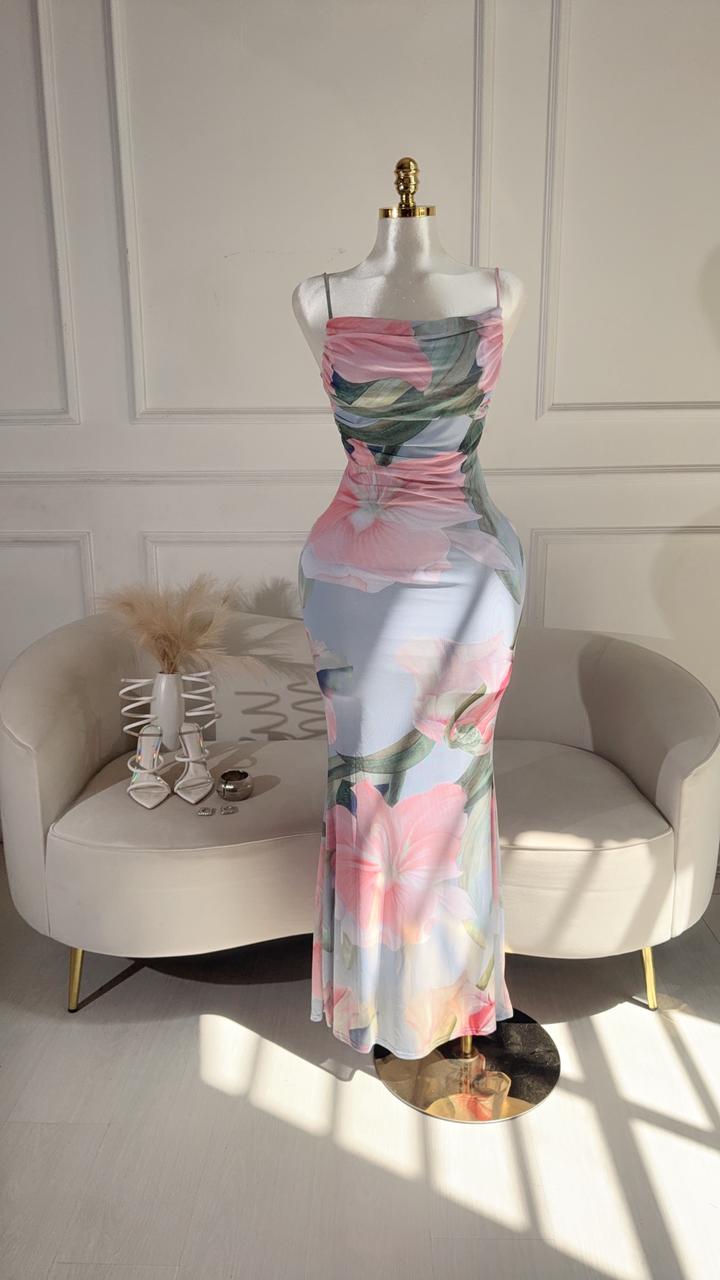 Vestido Azul Flores Rosa