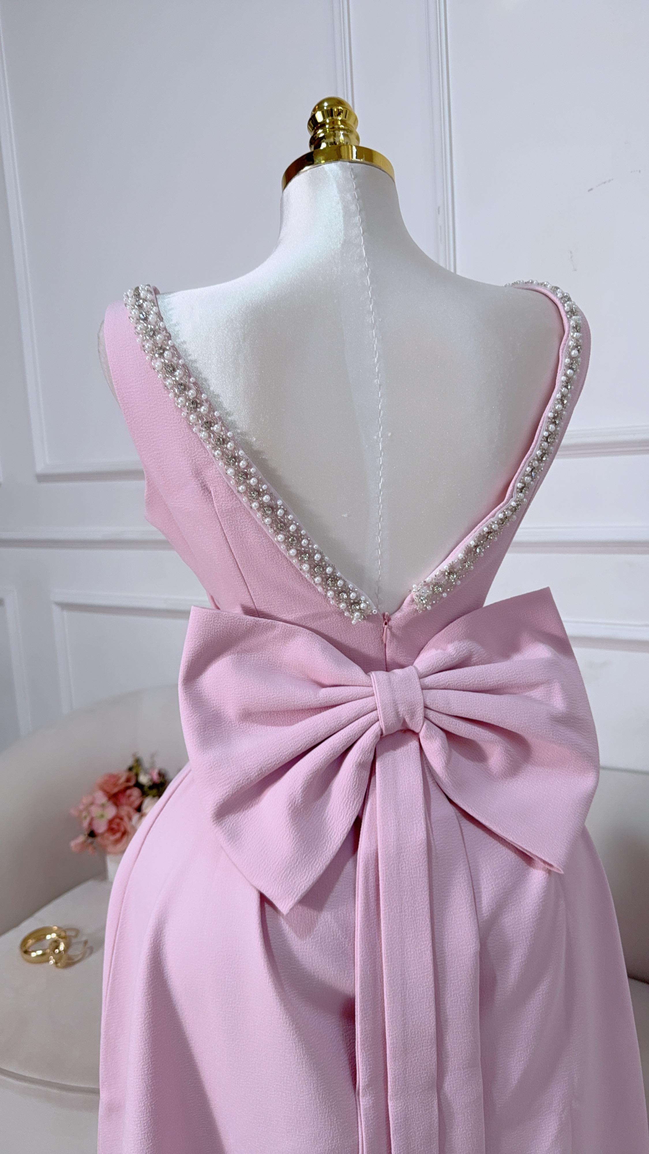 VESTIDO ROSA LARGO CON BOLITAS