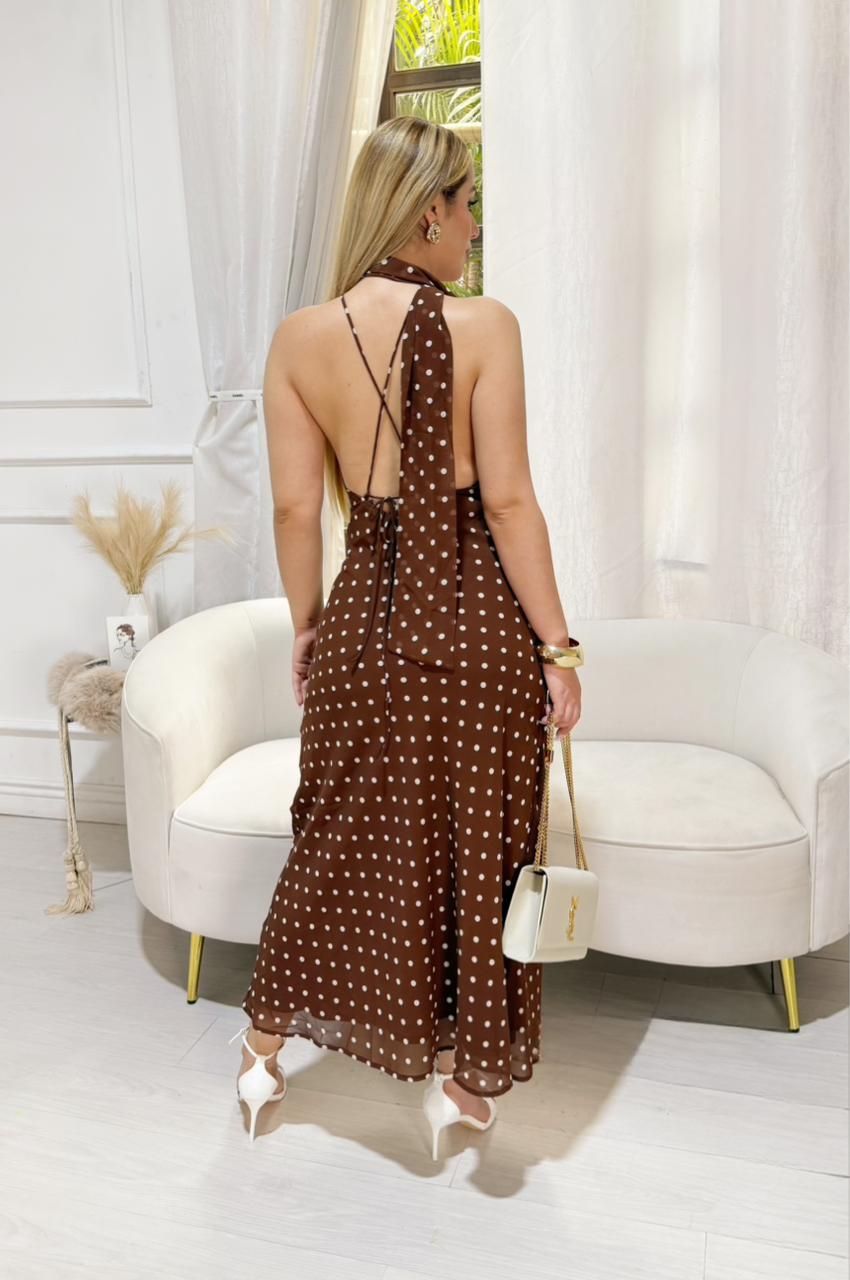 Vestido Largo De Gasa Cafe Lunares