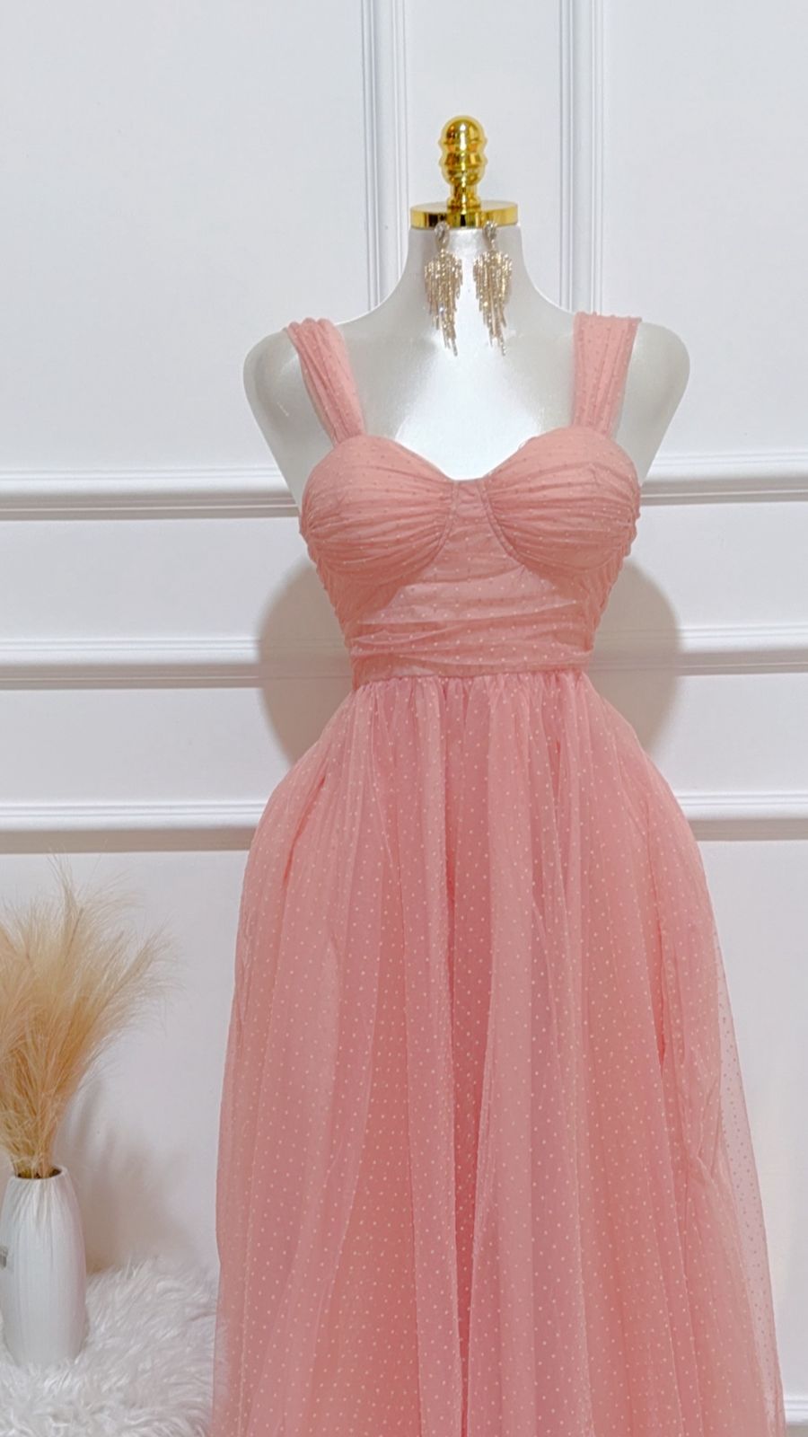 Vestido Largo Tirantes Lunares Rosa