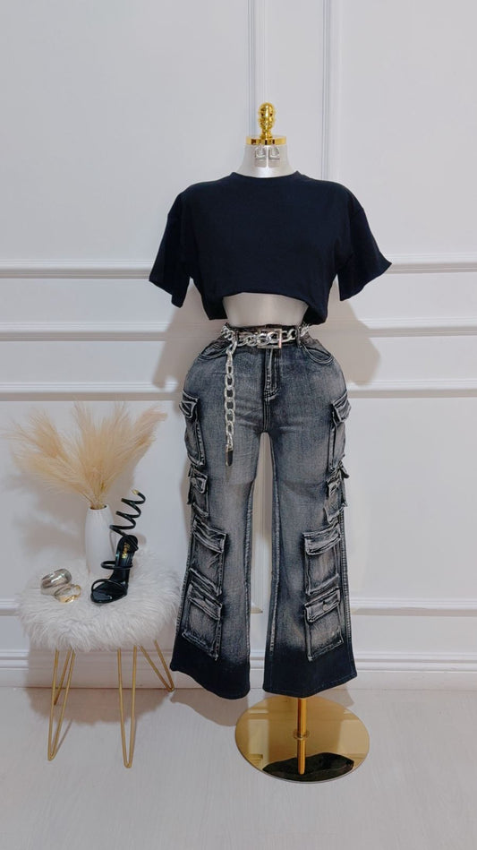 Pantalon Denim Cargo Negro