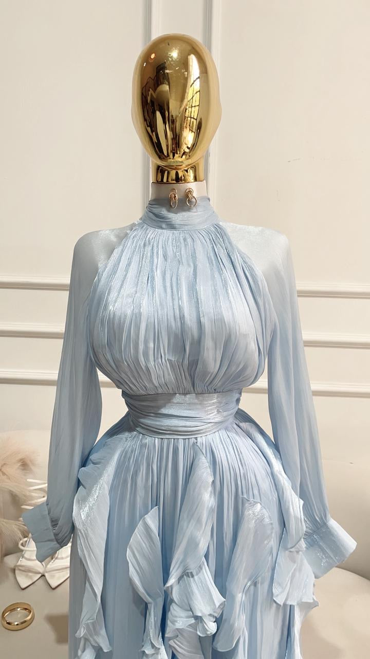 VESTIDO AZUL LARGO ORGANZA SATINADO