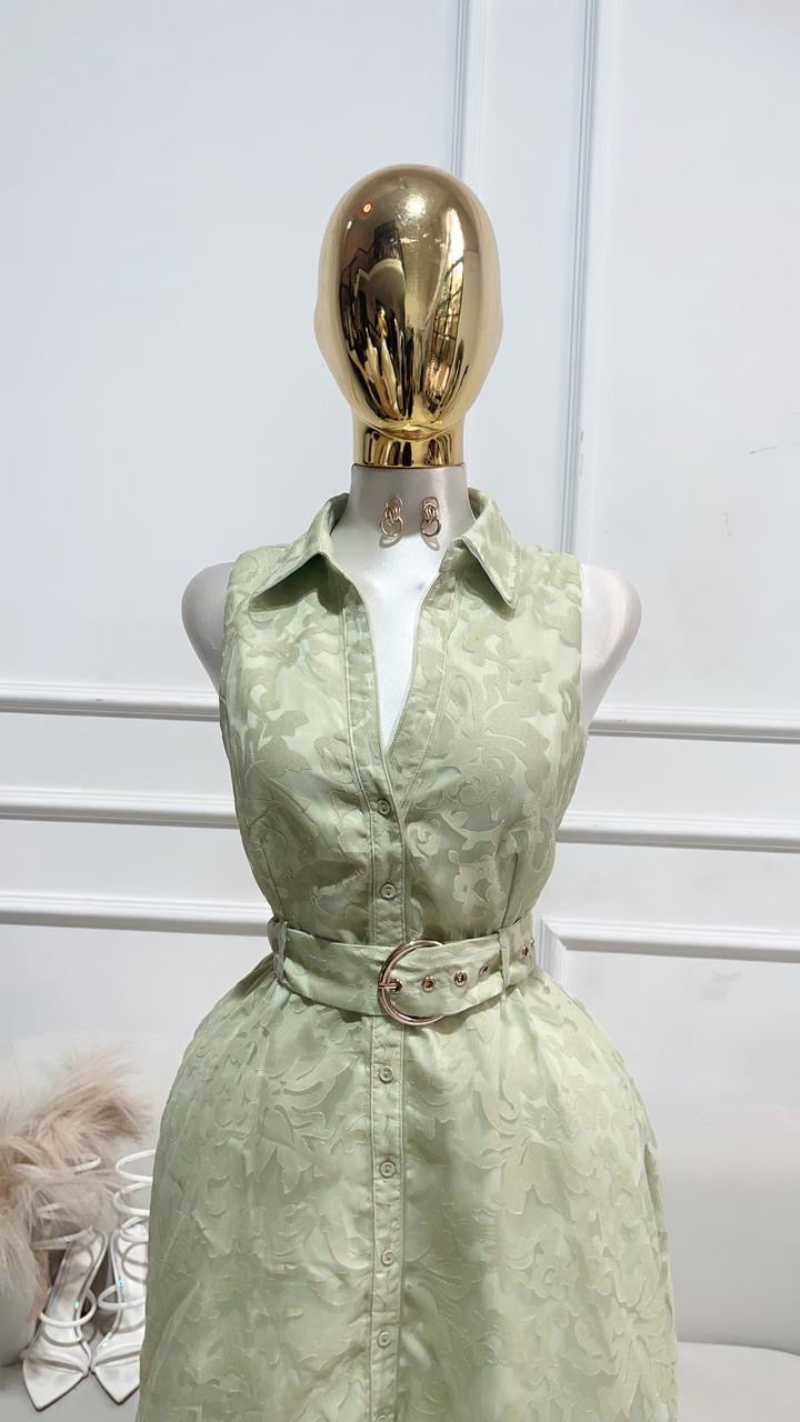 VESTIDO VERDE LARGO SIN MANGA BROCATEL