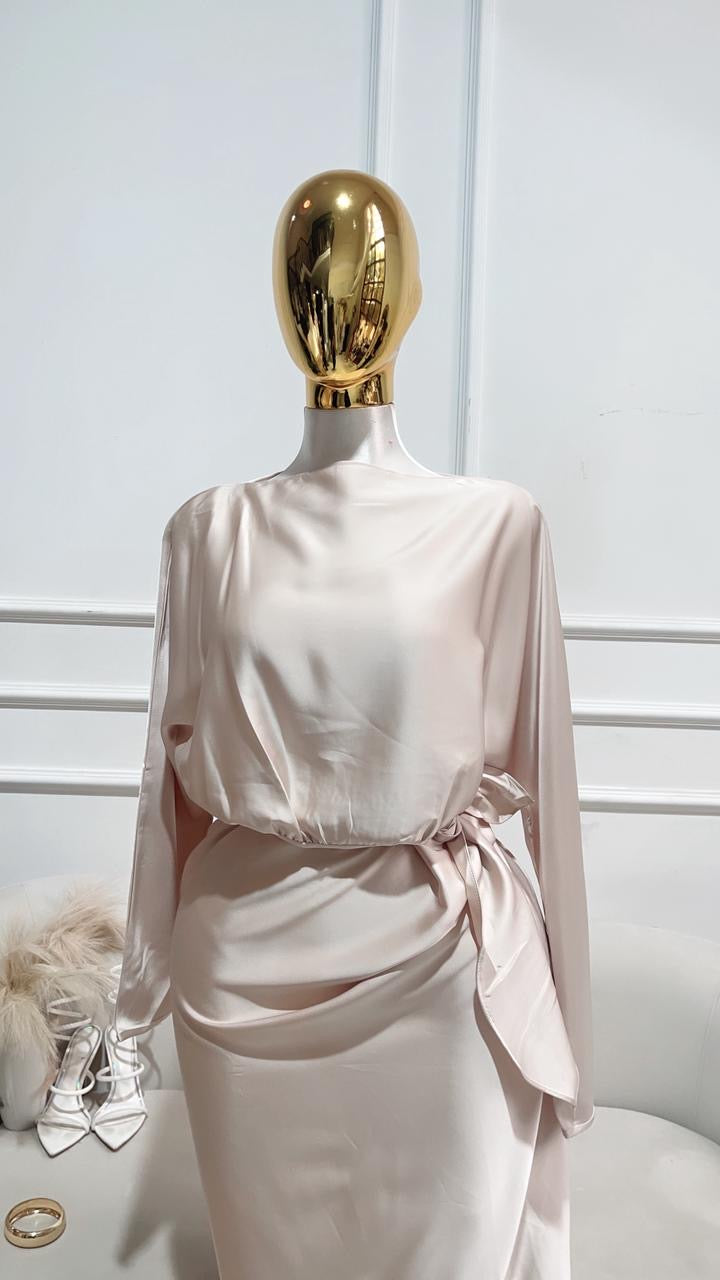 VESTIDO LARGO MANGA LARGA LISO BEIGE