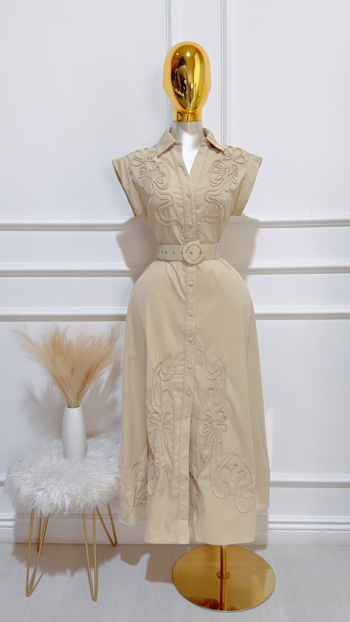 Vestido Botones Largo Cinto Kakhi