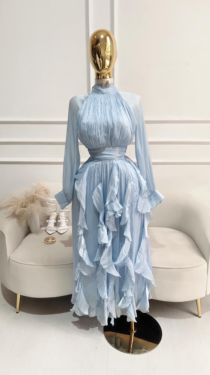 VESTIDO AZUL LARGO ORGANZA SATINADO