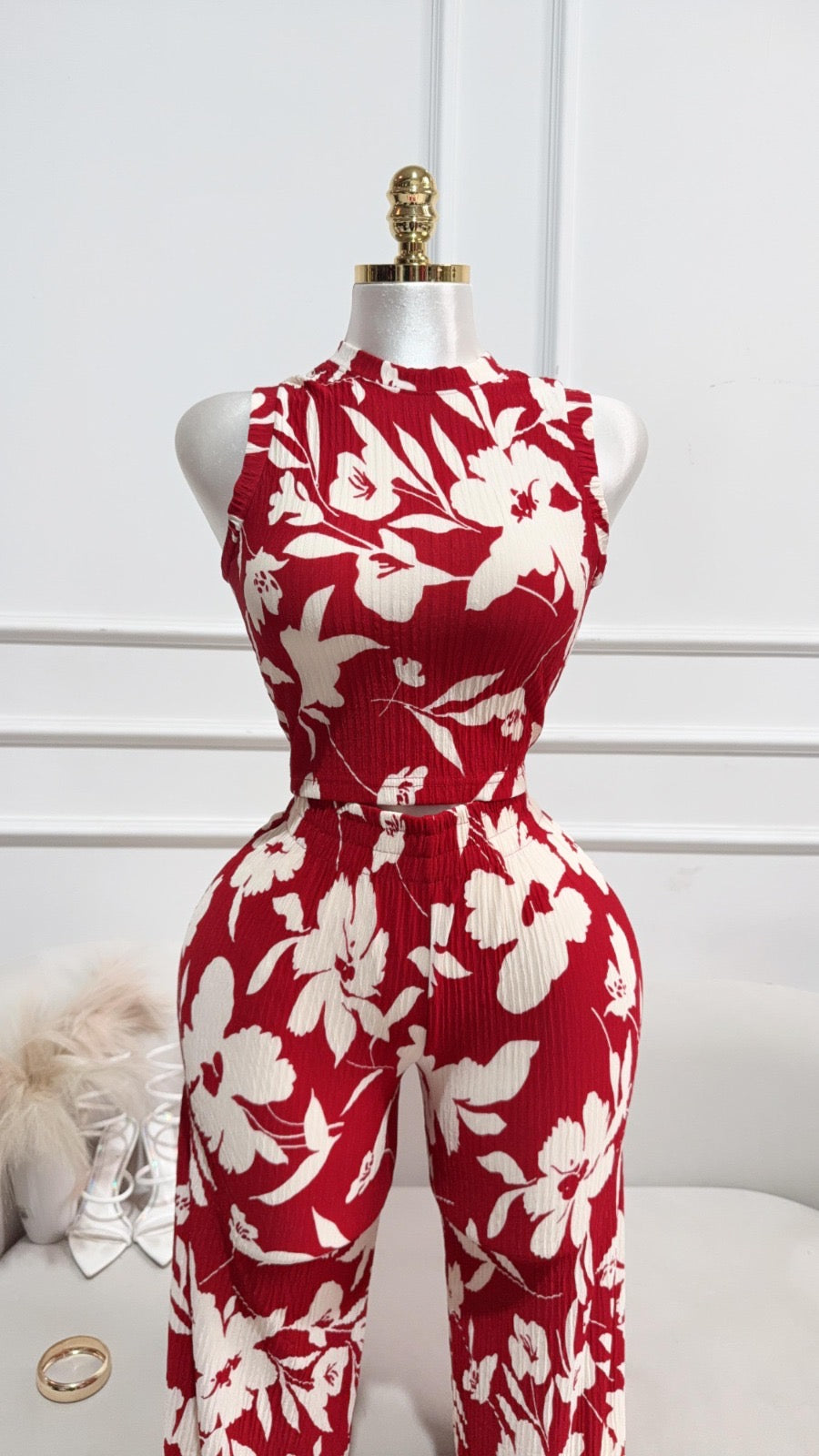 CONJUNTO PANTALÓN FLOREADO ROJO DRAPEADO