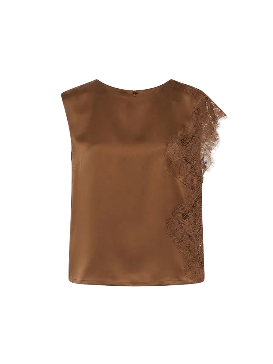BLUSA CAFE ENCAJE SIN MANGA