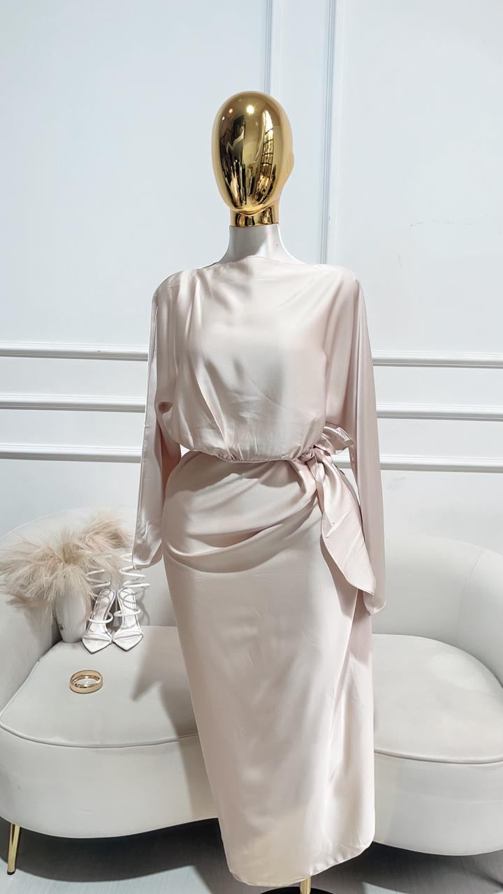 VESTIDO LARGO MANGA LARGA LISO BEIGE