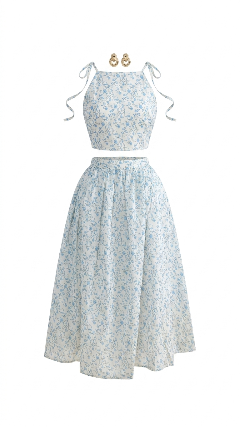 CONJUNTO AZUL FALDA LARGA ORILLA BORDADA