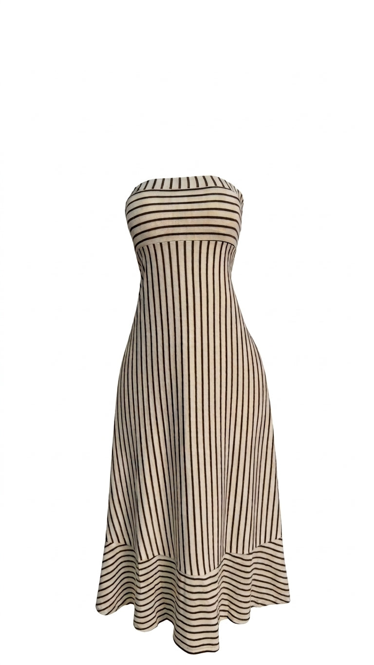 VESTIDO BEIGE RAYAS CAFE