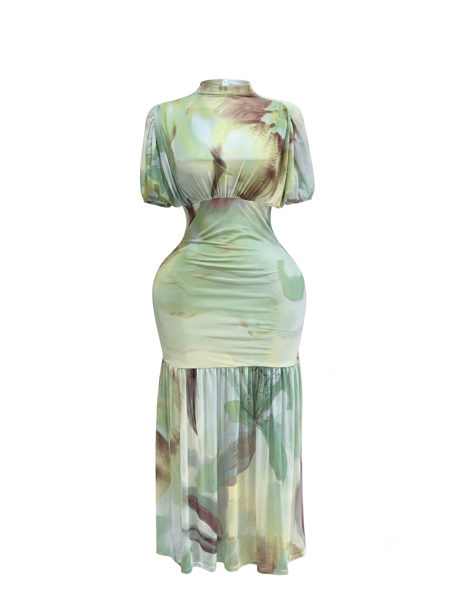 VESTIDO MESH VERDE LARGO ESTAMPADO