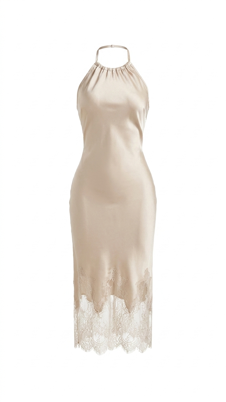 VESTIDO BEIGE LARGO SATIN CUELLO HALTER