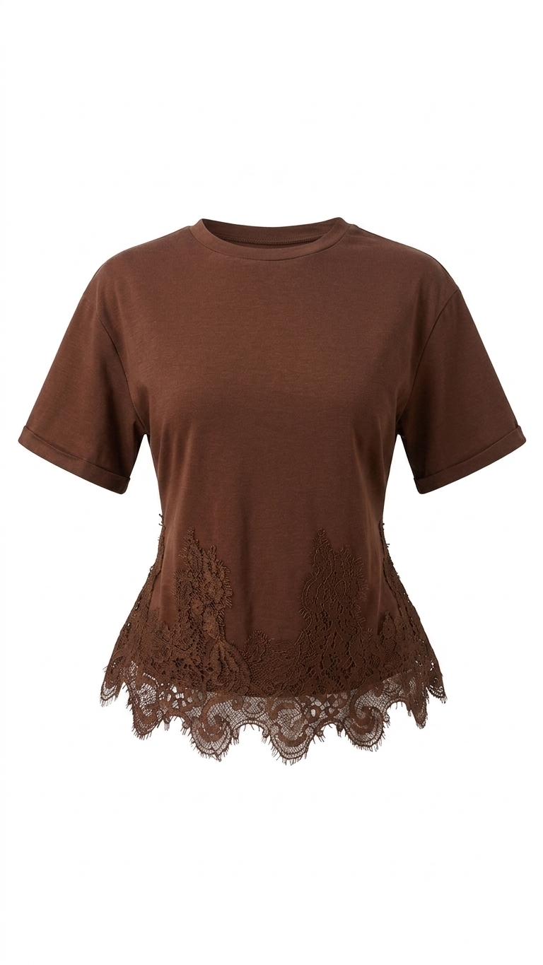 BLUSA CAFE MANGA CORTA CON ENCAJE