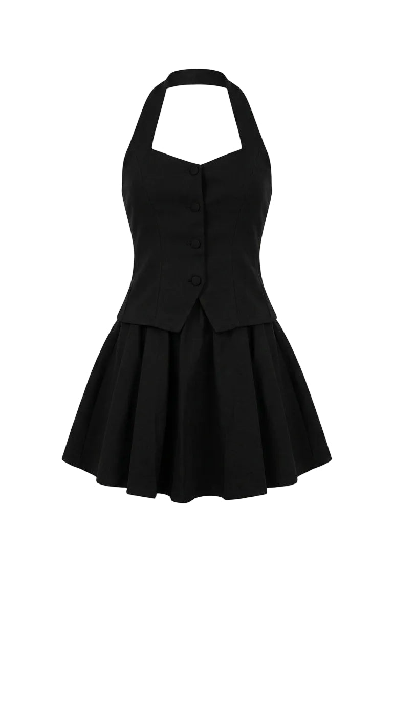 VESTIDO CON PEPLIM Y HALTER NEGRO