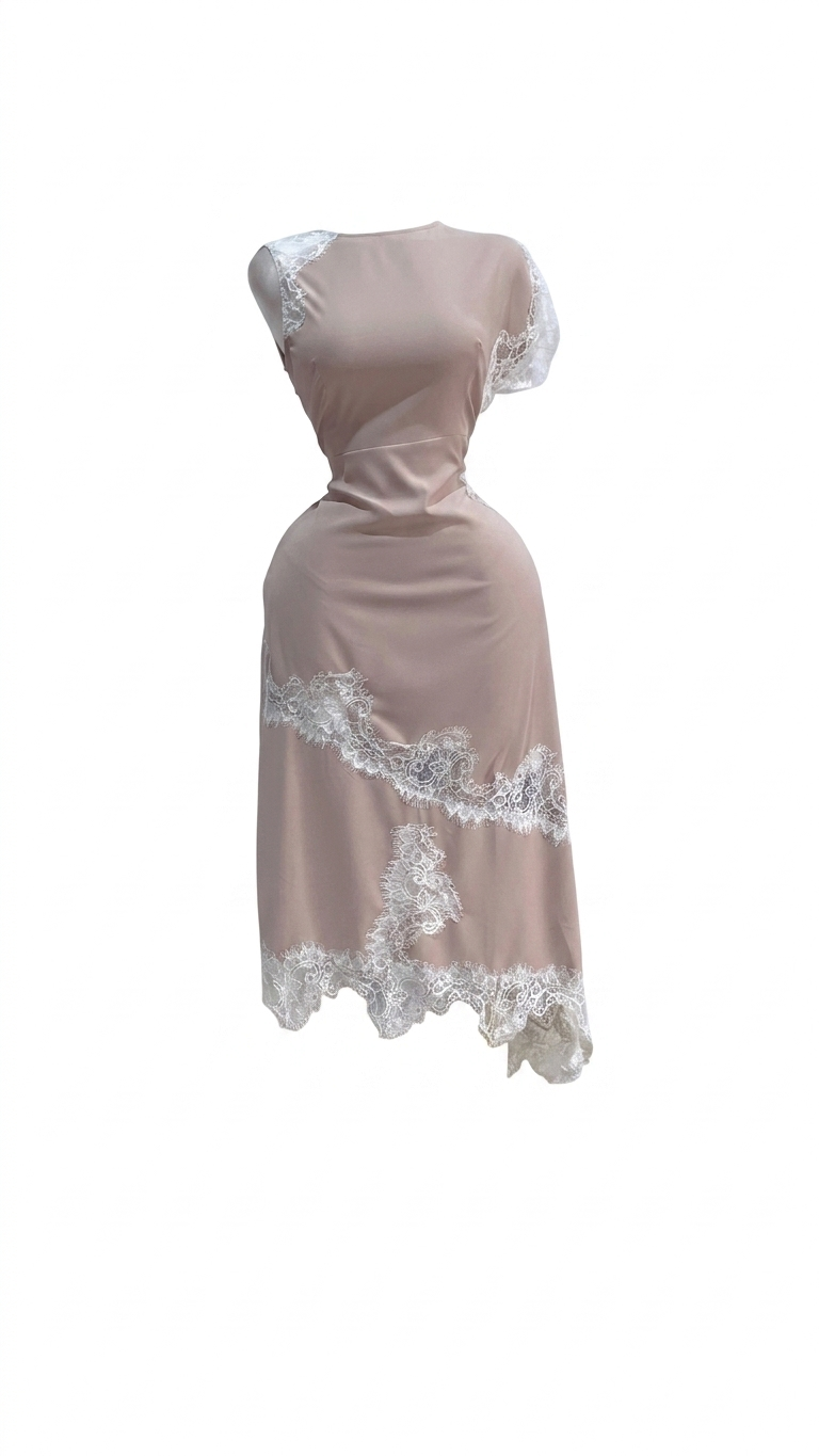 VESTIDO BEIGE CLARO LARGO CON ENCAJE BLANCO