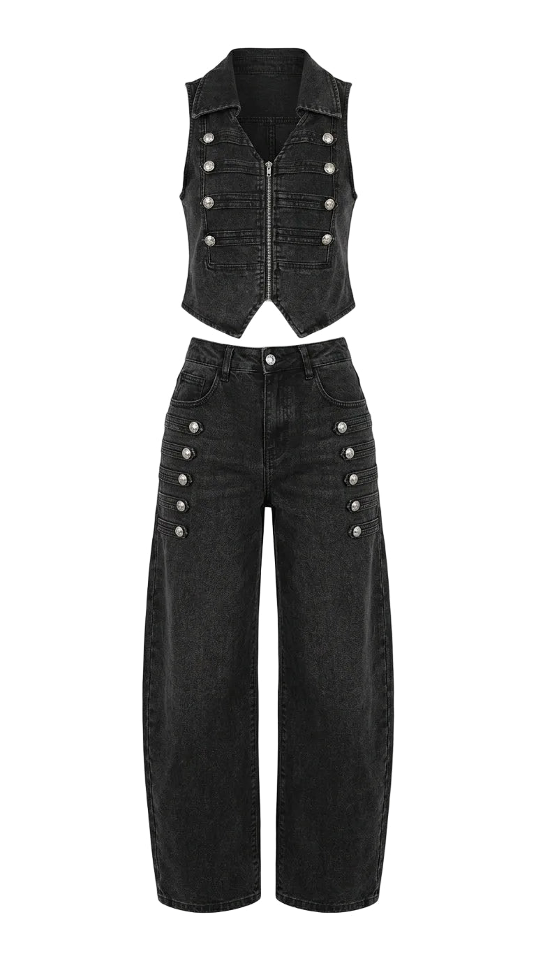 Conjunto mezclilla negro chaleco botones
