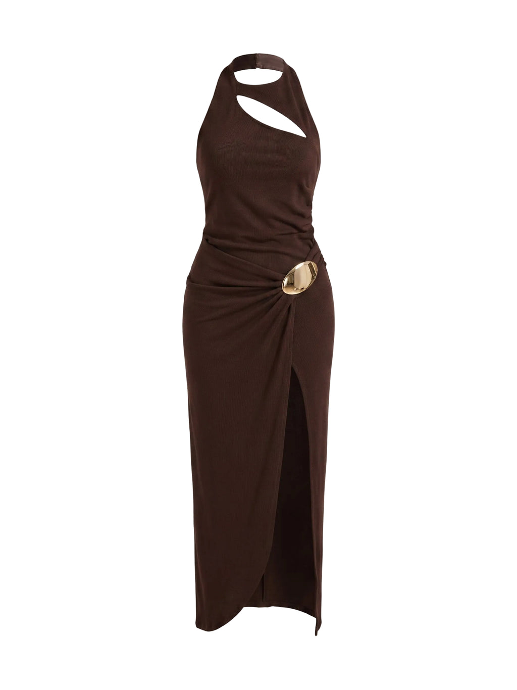 VESTIDO CAFE LARGO DETALLE DORADO