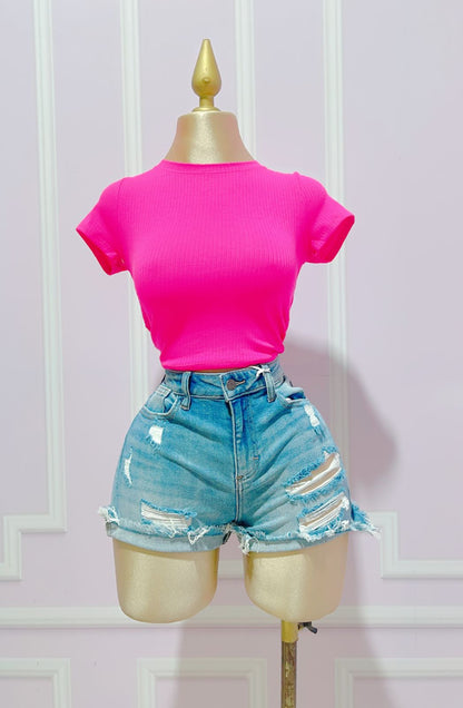 Top Crop Cuello Redondo Rosa