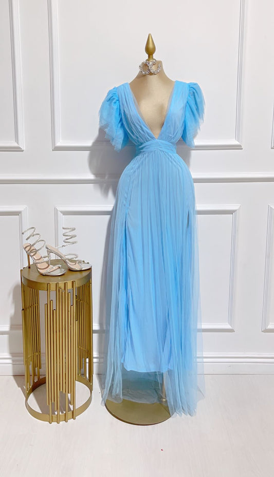 Vestido Largo Rufled En Hombros Azul