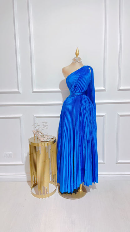 Vestido Maxi Plisado Un Hombro Azul