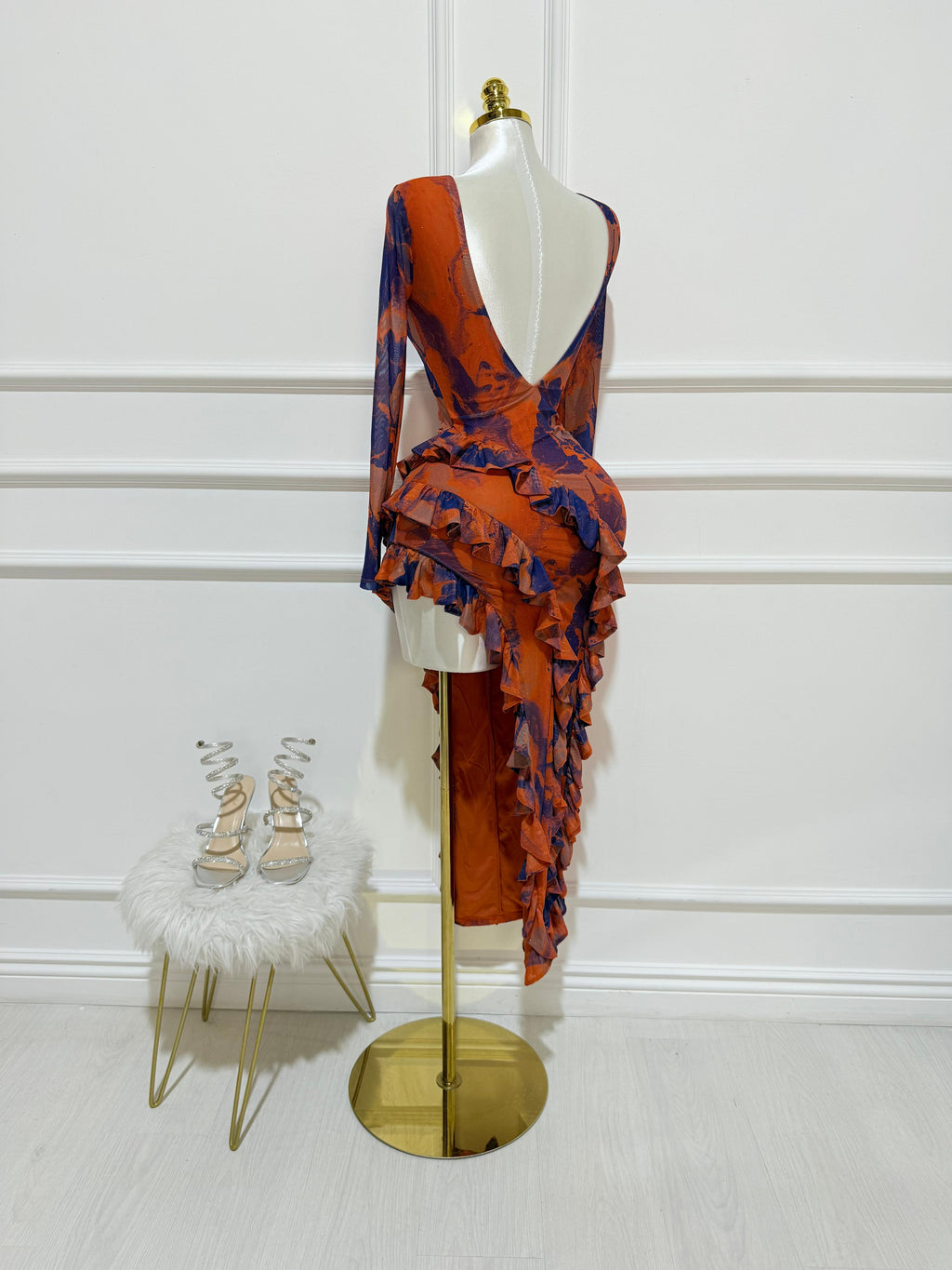 Vestido Largo Con Volantes Naranja Lila