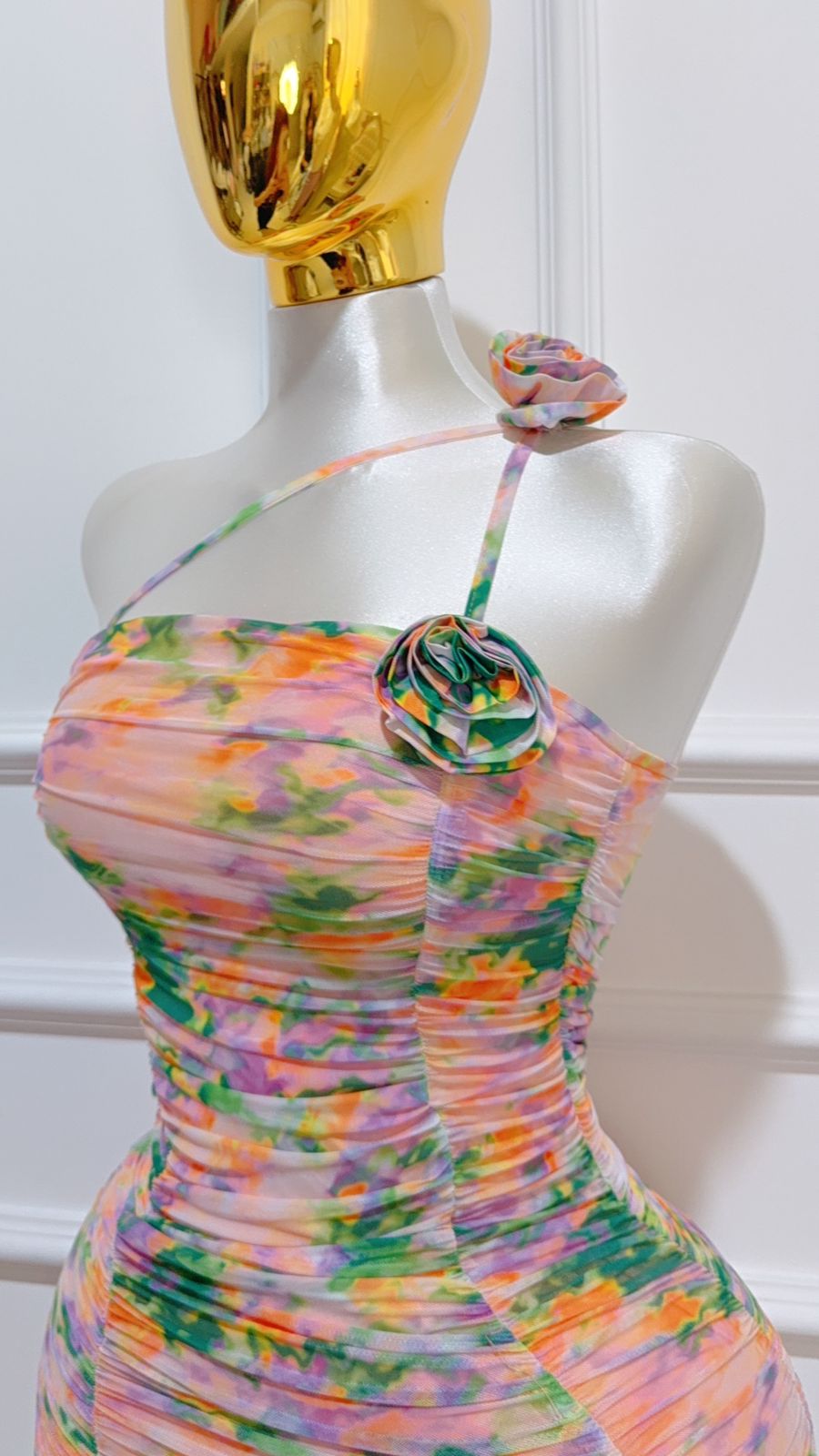 Vestido Largo Malla Naranja Verde