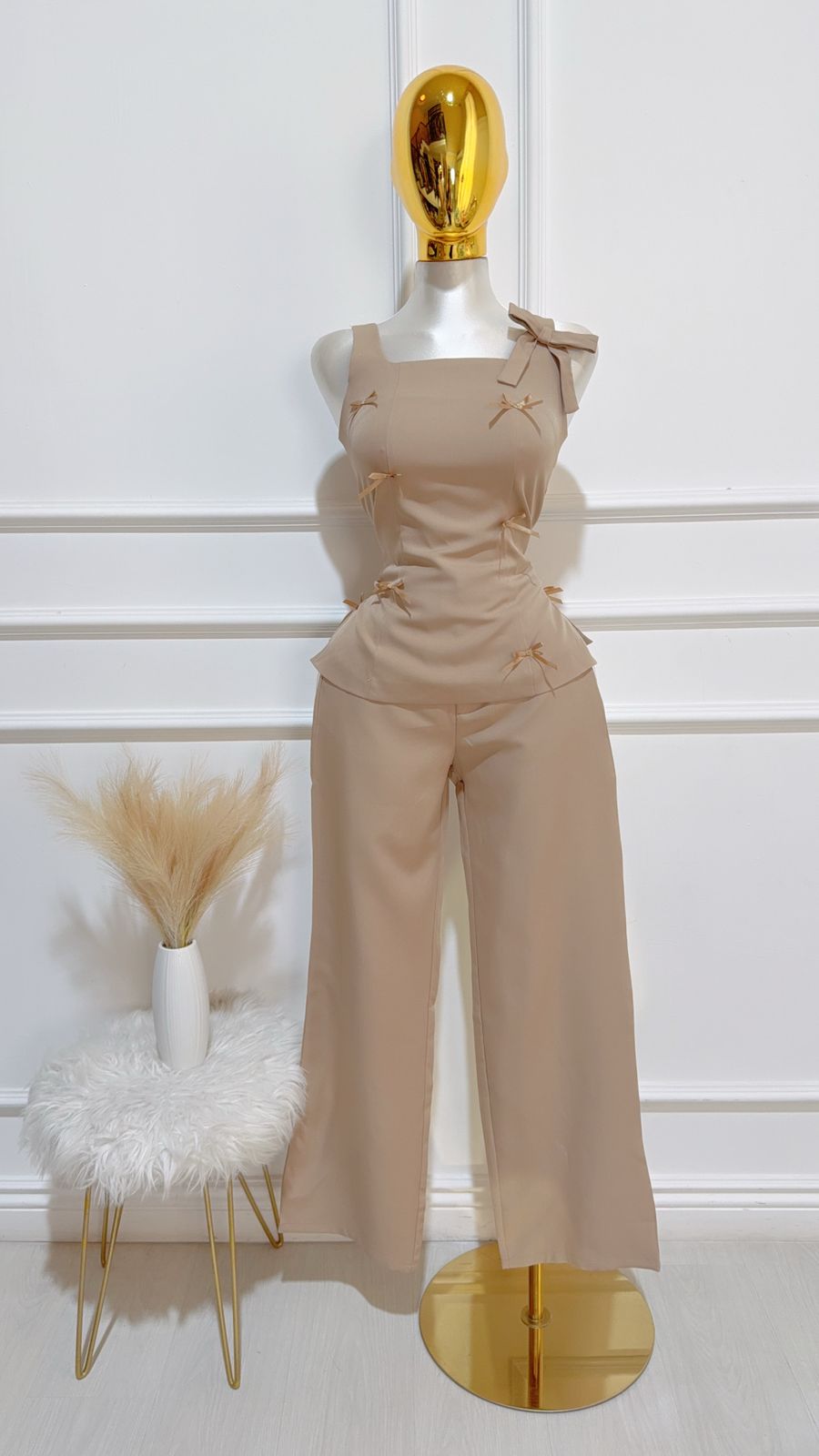 Set Top Moñitos Pantalon Cafe