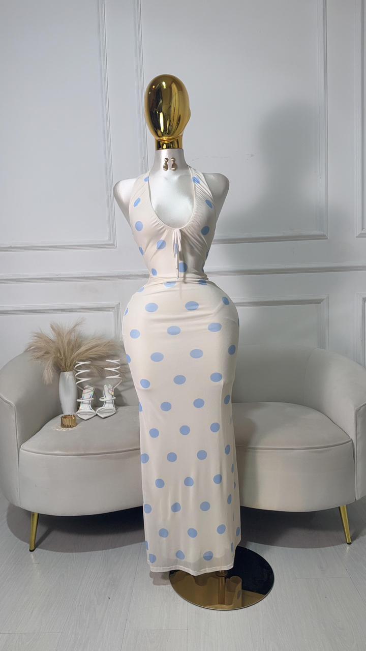 VESTIDO LARGO BOLAS AZULES