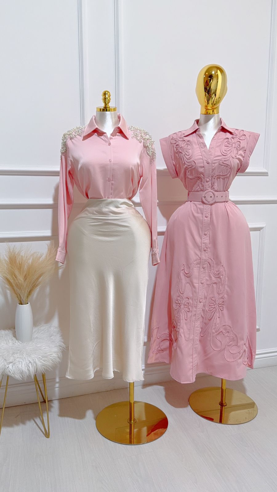 Vestido Botones Largo Cinto Rosa