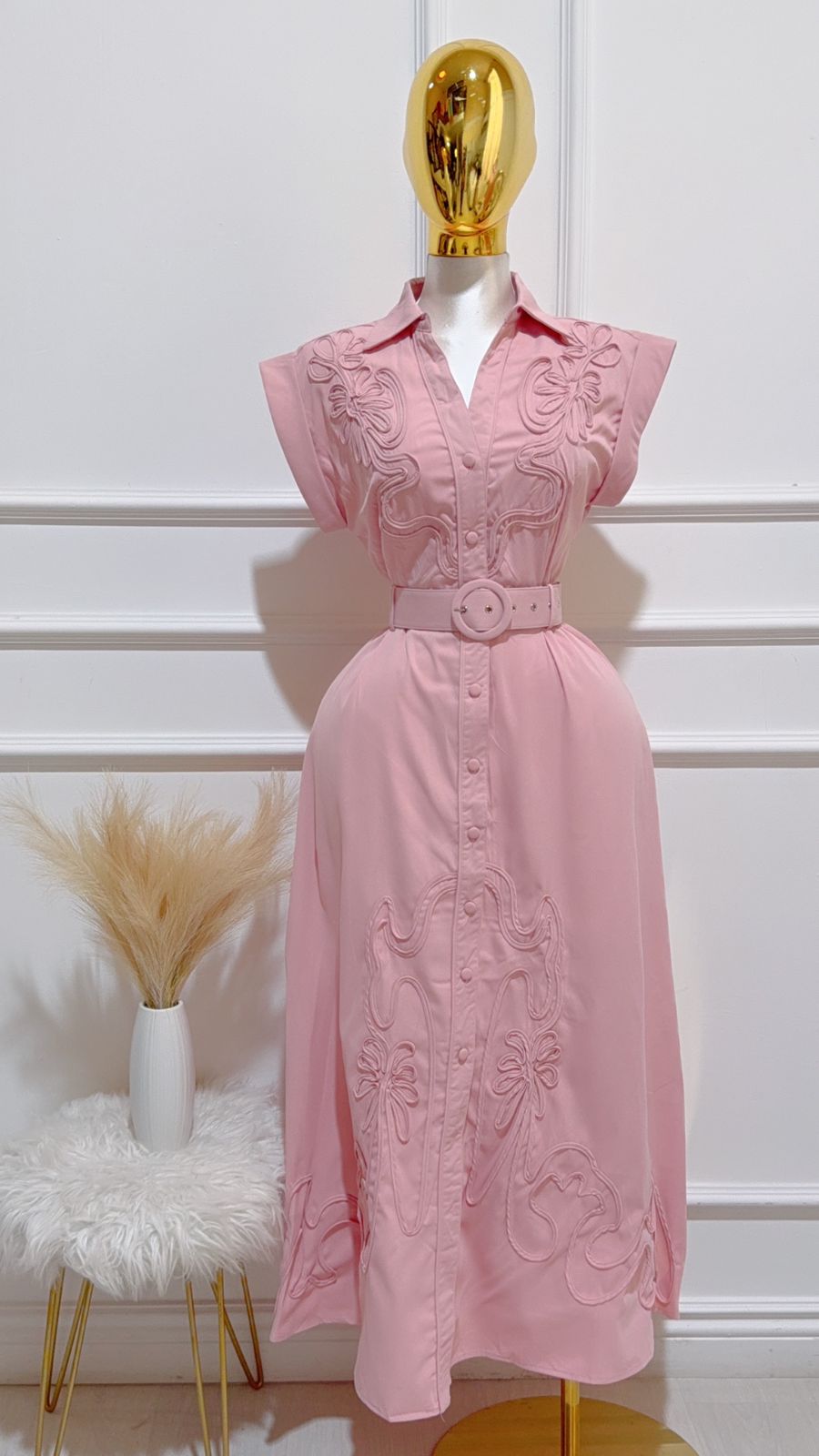 Vestido Botones Largo Cinto Rosa