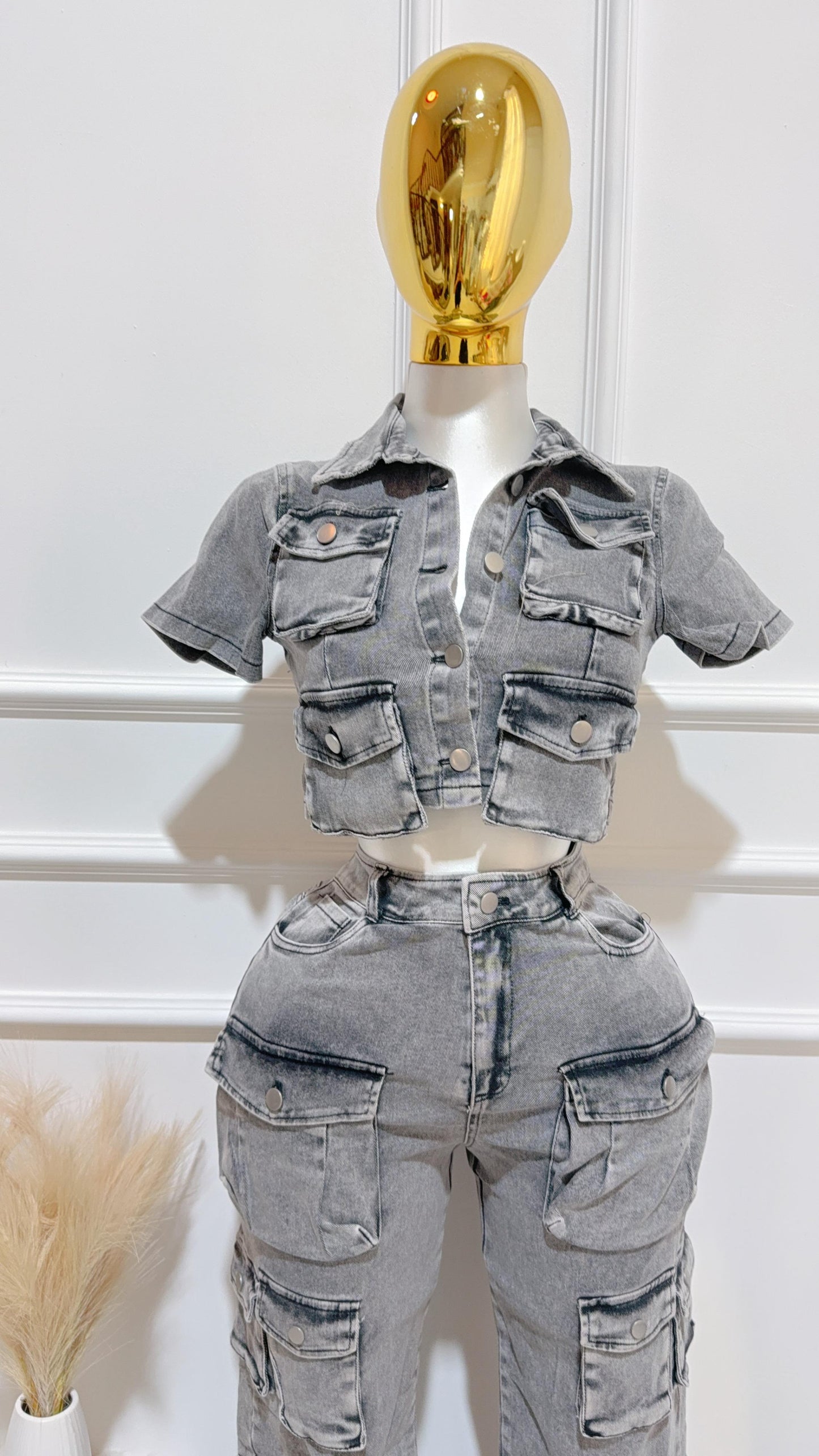 Blusa Mezclilla Botones Gris Acid