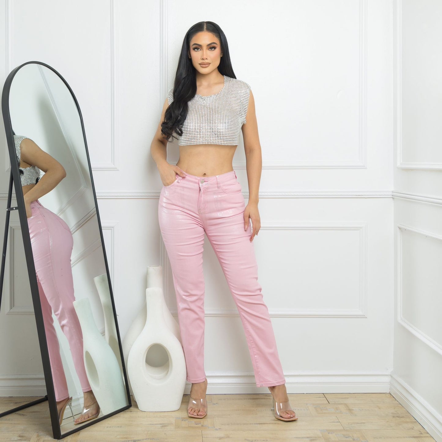 Pantalon Rosa Estampado Plata