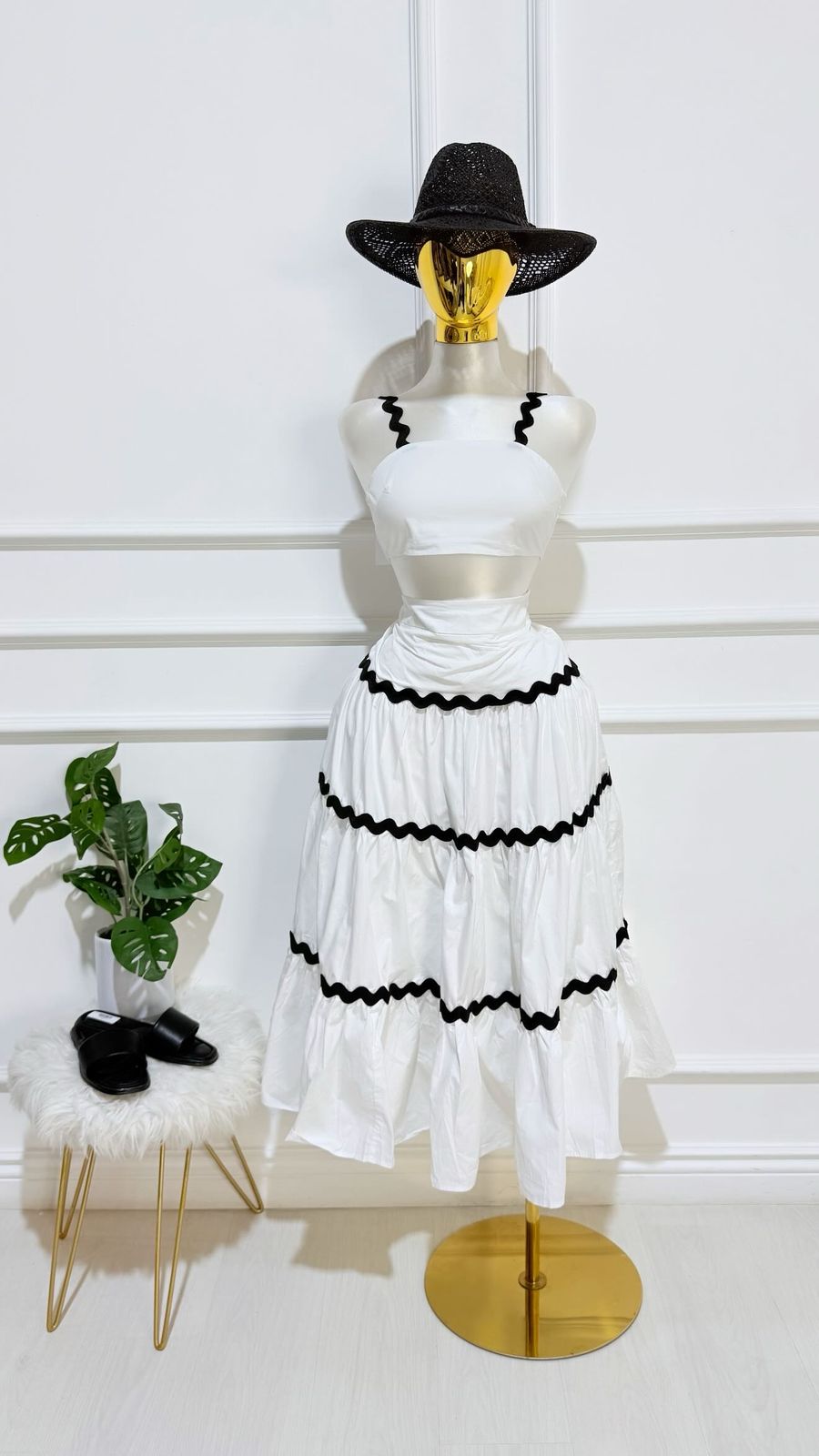 Set Top Falda Larga Blanca Negro