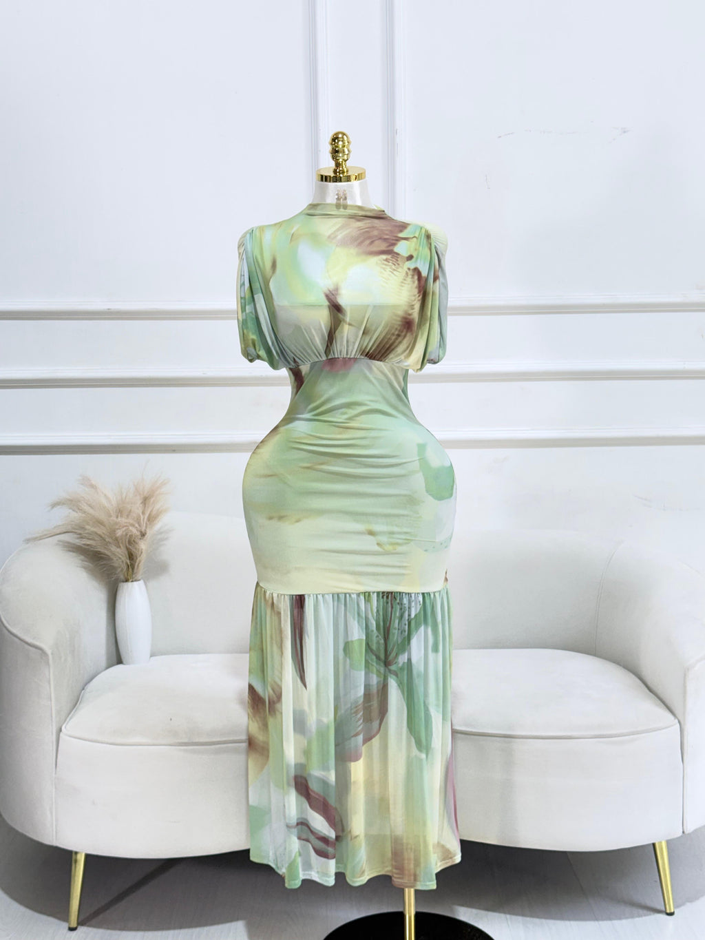 VESTIDO MESH VERDE LARGO ESTAMPADO