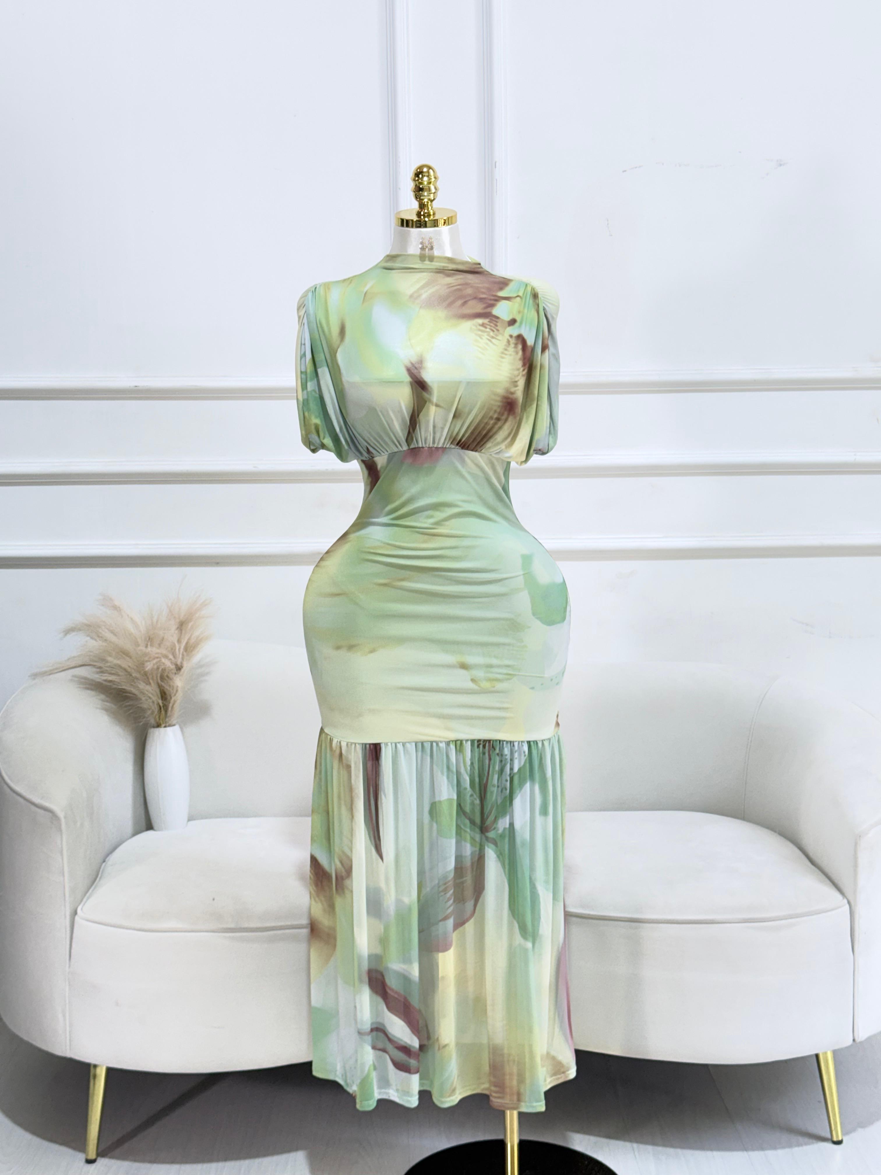 VESTIDO MESH VERDE LARGO ESTAMPADO