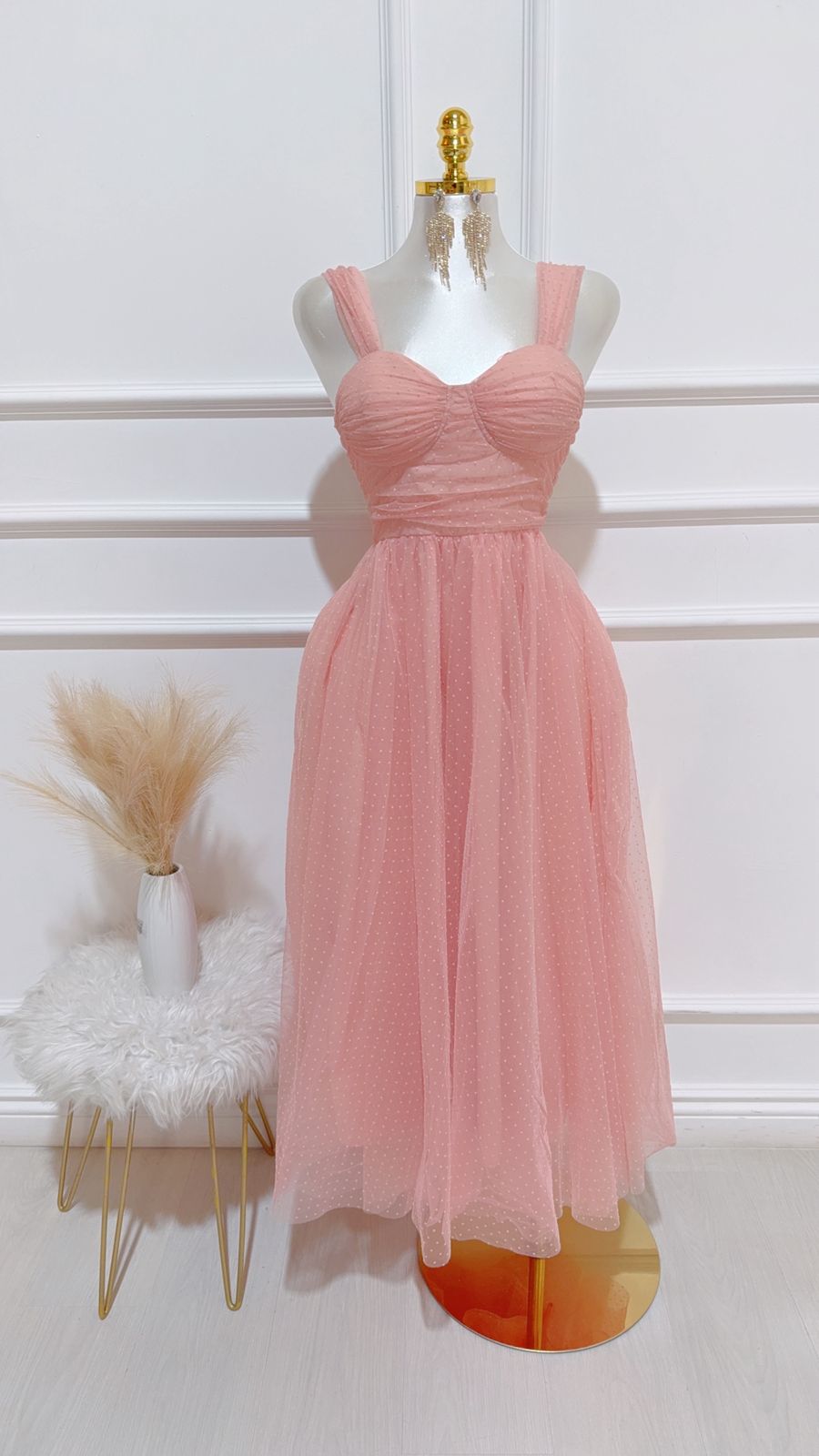 Vestido Largo Tirantes Lunares Rosa