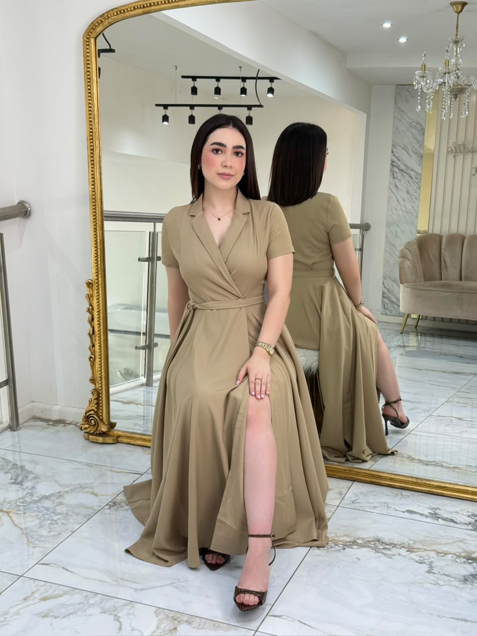 VESTIDO CAFE LARGO VOLADO