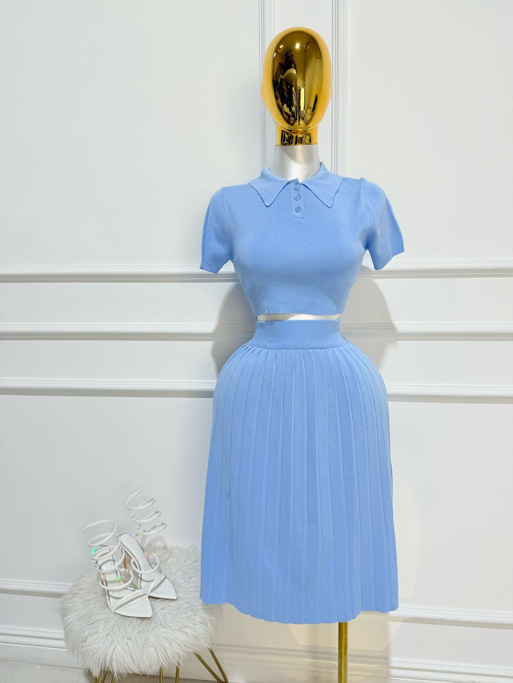 Set Blusa Falda Larga Plizada Azul