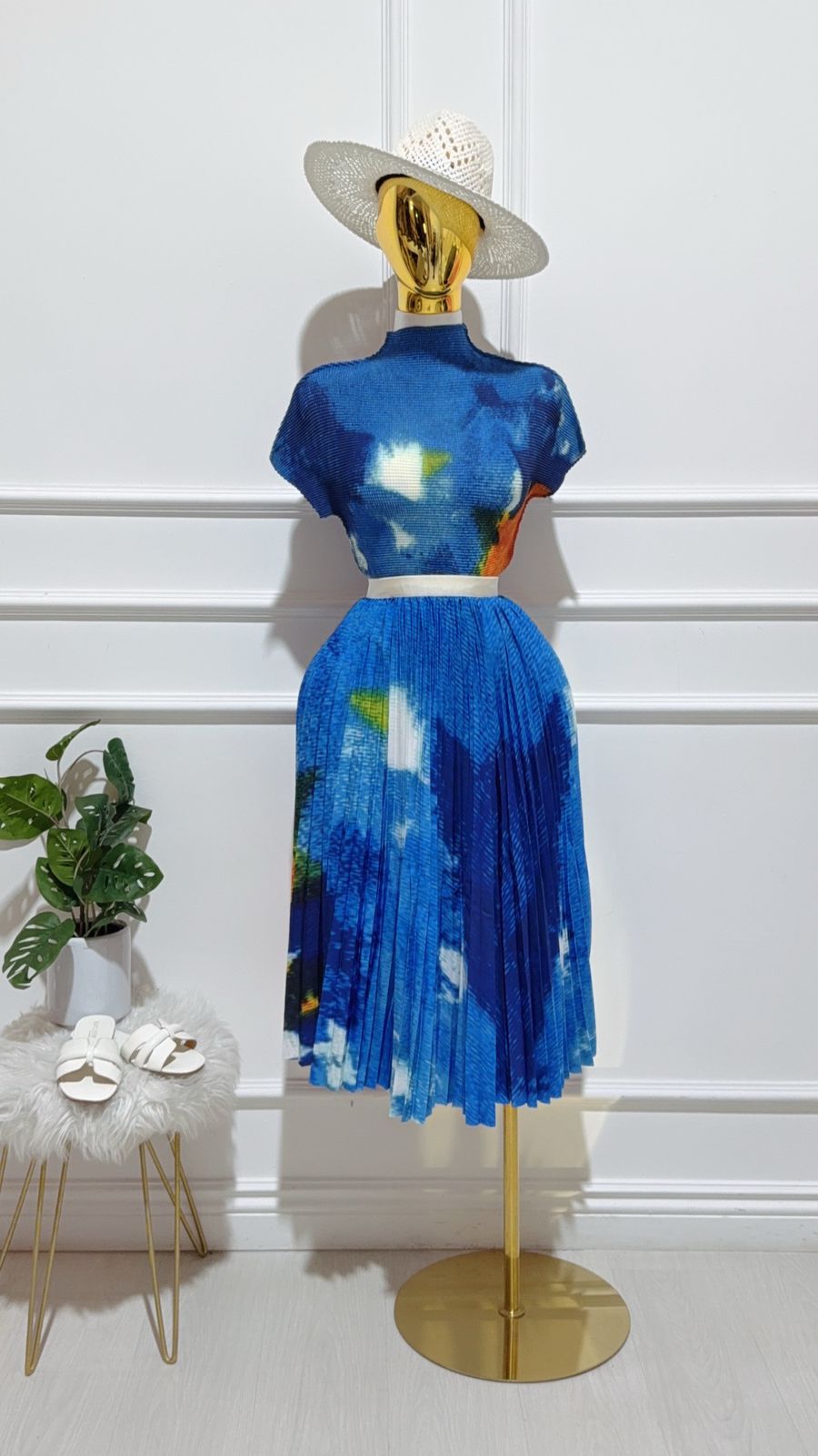 Set Blusa Falda Plizada Larga Azul