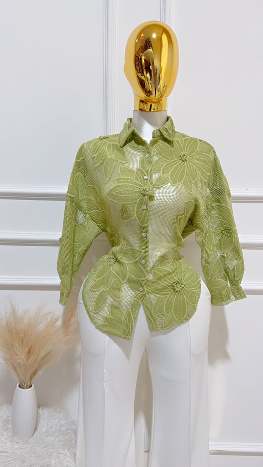 Camisa Verde Flores Bordada