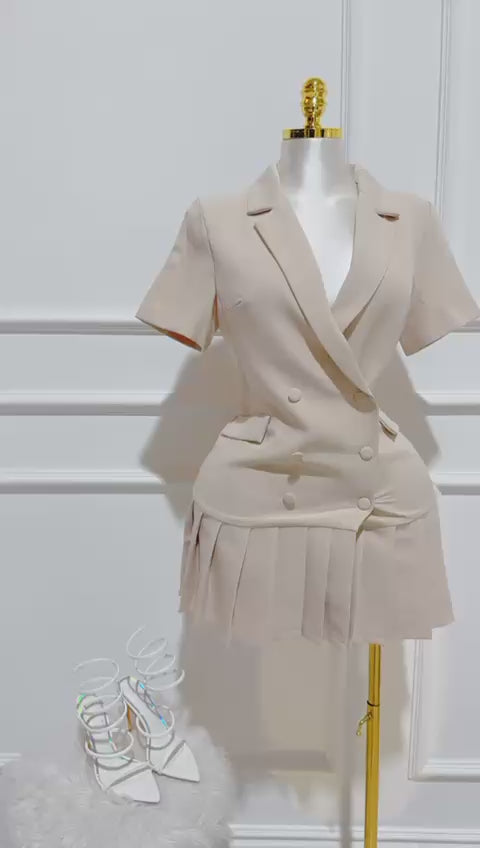 Vestido Manga Corta Pliegos Beige