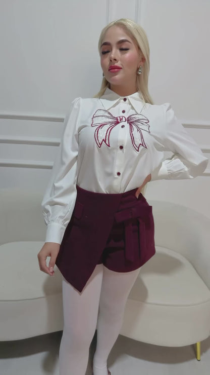 Set Blusa Moño Blanca/Short Tinto