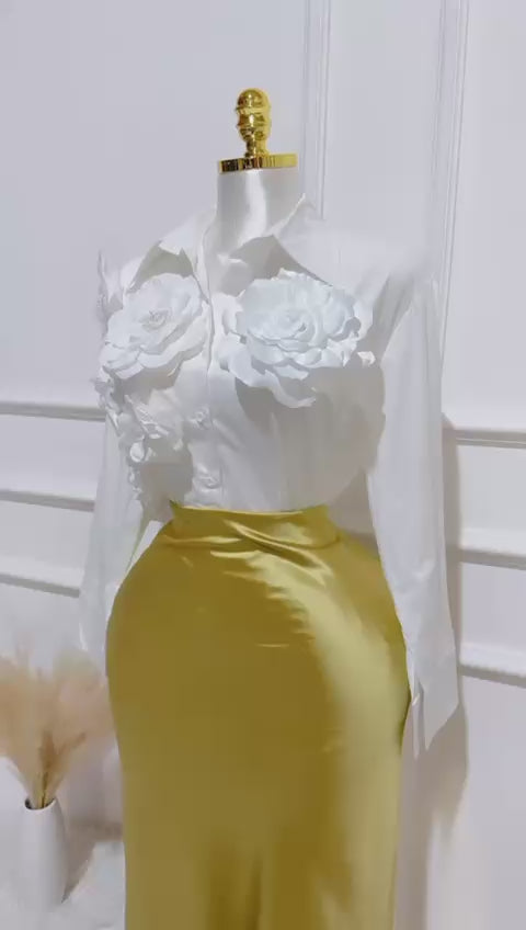 Falda Larga Satin Elástico Amarilla